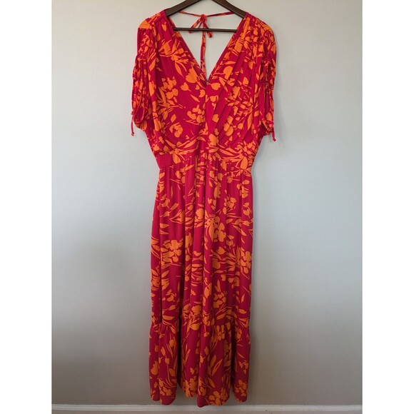 Tahari Ember Floral Maxi Dress Tropical Resort Tiered Boho Red Orange Sz 16 NWT - Picture 1 of 12